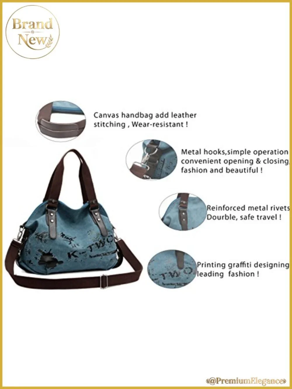Canvas Vegan Leather Hobo Shoulder Tote with Adjustable Strap, Zip Pockets